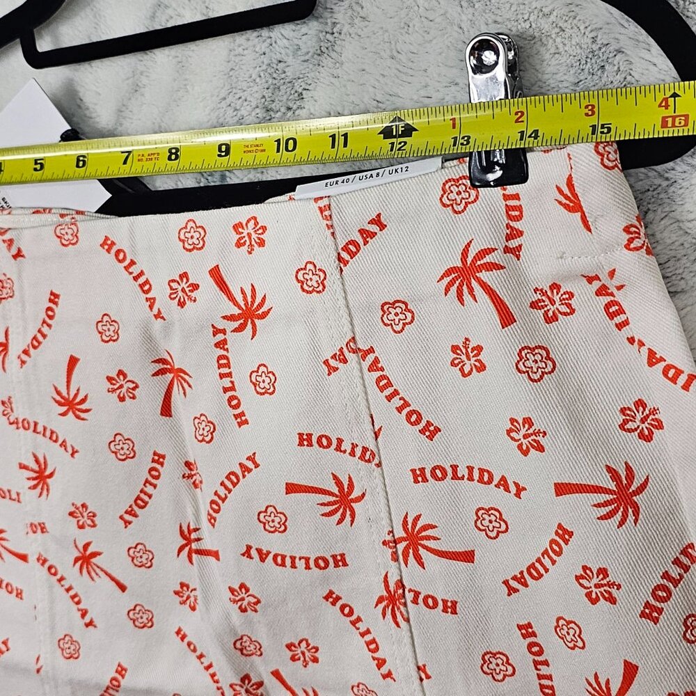 Glamorous Denim US Sz 8 Medium Holiday Print White Denim High Waist Mini Skirt P - Picture 10 of 11